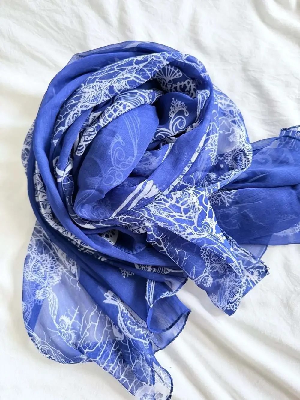 Antica Sartoria by Giacomo Cinque Blue and White Fish Print Polyester Scarf S-70